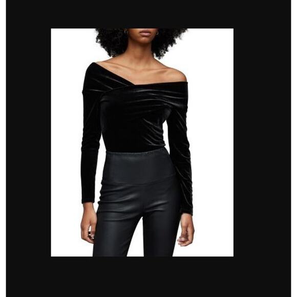 AllSaints Size 0 Black Delta Velvet Off the Shoulder Cross Over V Neck Knit Top - Picture 2 of 6